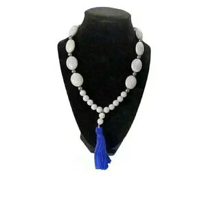 Long tassel necklace with simulated stones-blue tassel and light blue stones